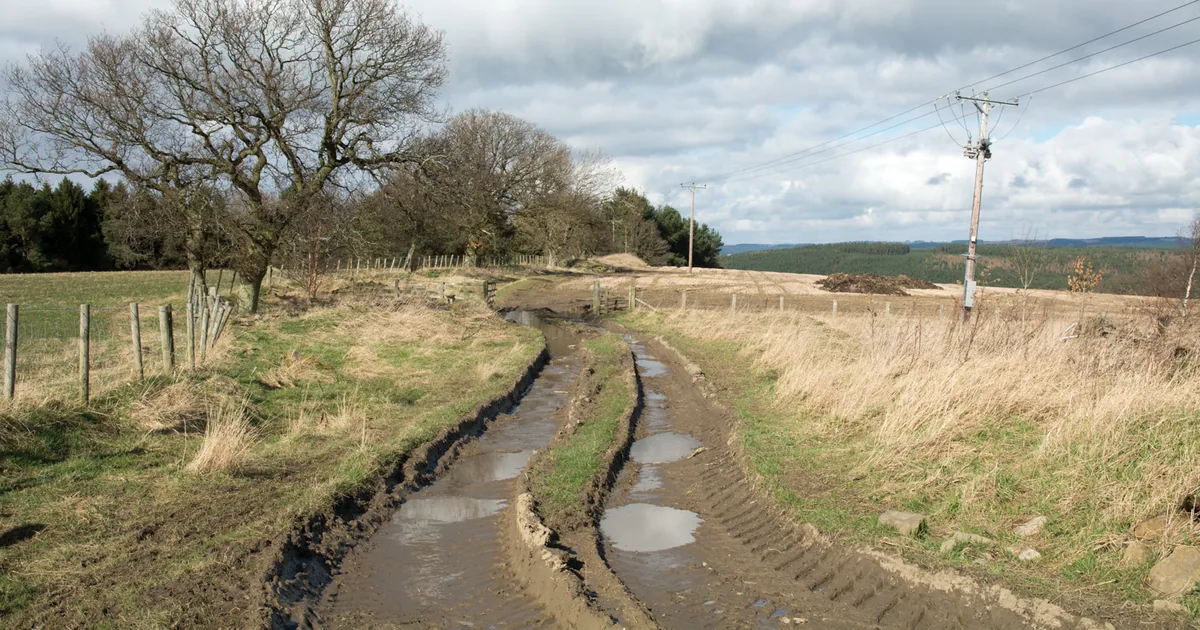 Chemin d'accès rural en terre, ornières et boue, avant empierrement dans un hameau du Finistère