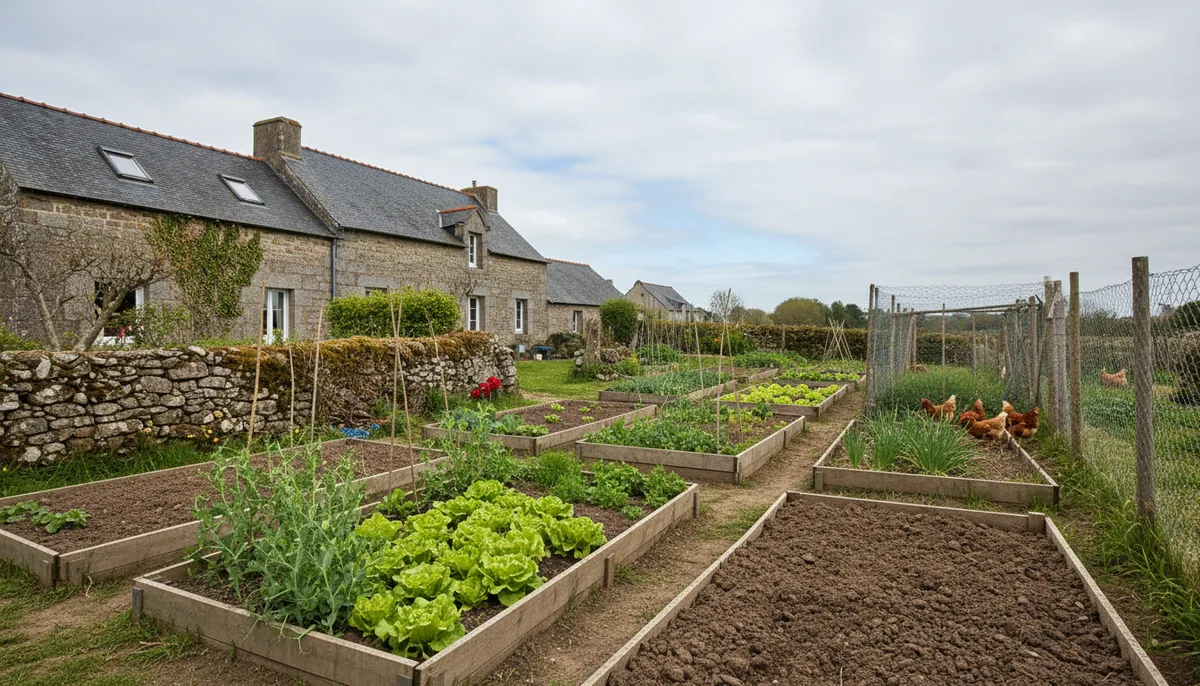 Bocaux de conserves et légumes du potager sur l'évier de la ferme de Lezavarn, Finistère